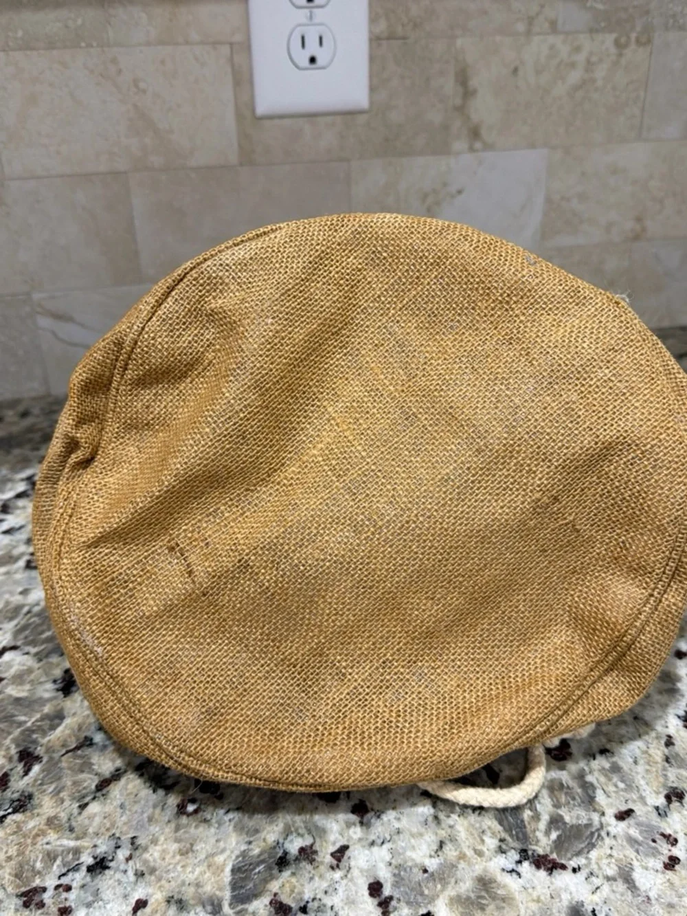 Tan Jute Drawstring Duffel Bag with Red Accent
